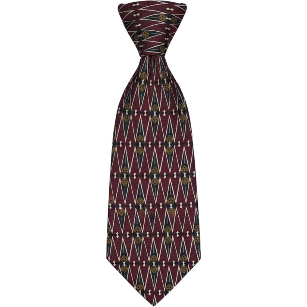 Via Europa Men Silk Necktie Burgundy Gold Navy Geometric Diamond Floral USA Made